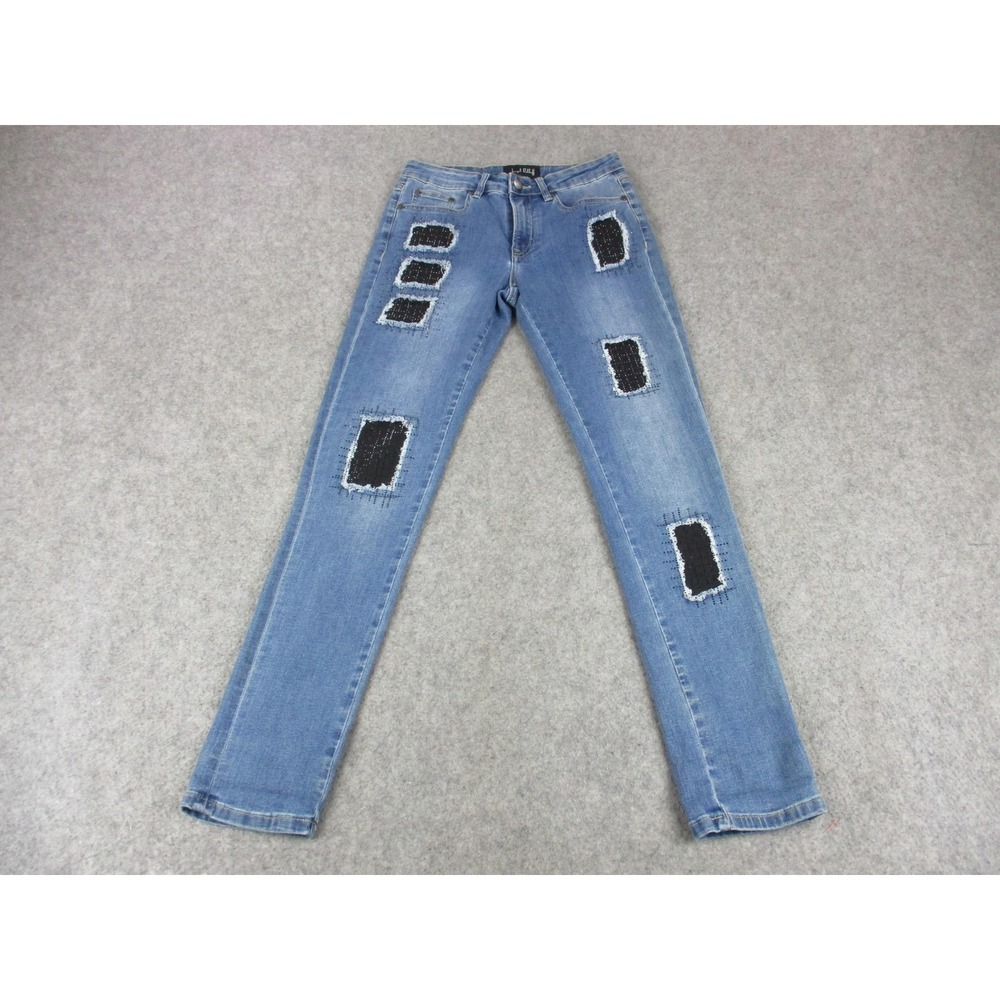 Joseph Ribkoff Jeans Womens 6 Blue Skinny Distressed Rhinestone Patch Medium